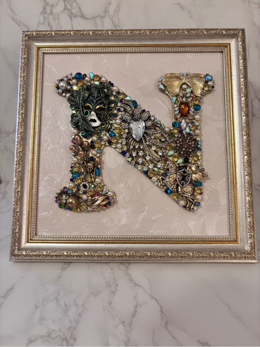 10x10 Letter N Vintage Jewelry Art Framed OOAK Rhinestone Initial